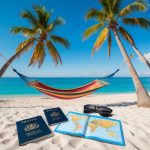 A serene beach with a clear blue sky, palm trees, and a hammock surrounded by travel planning essentials like a map, passport, and sunglasses
