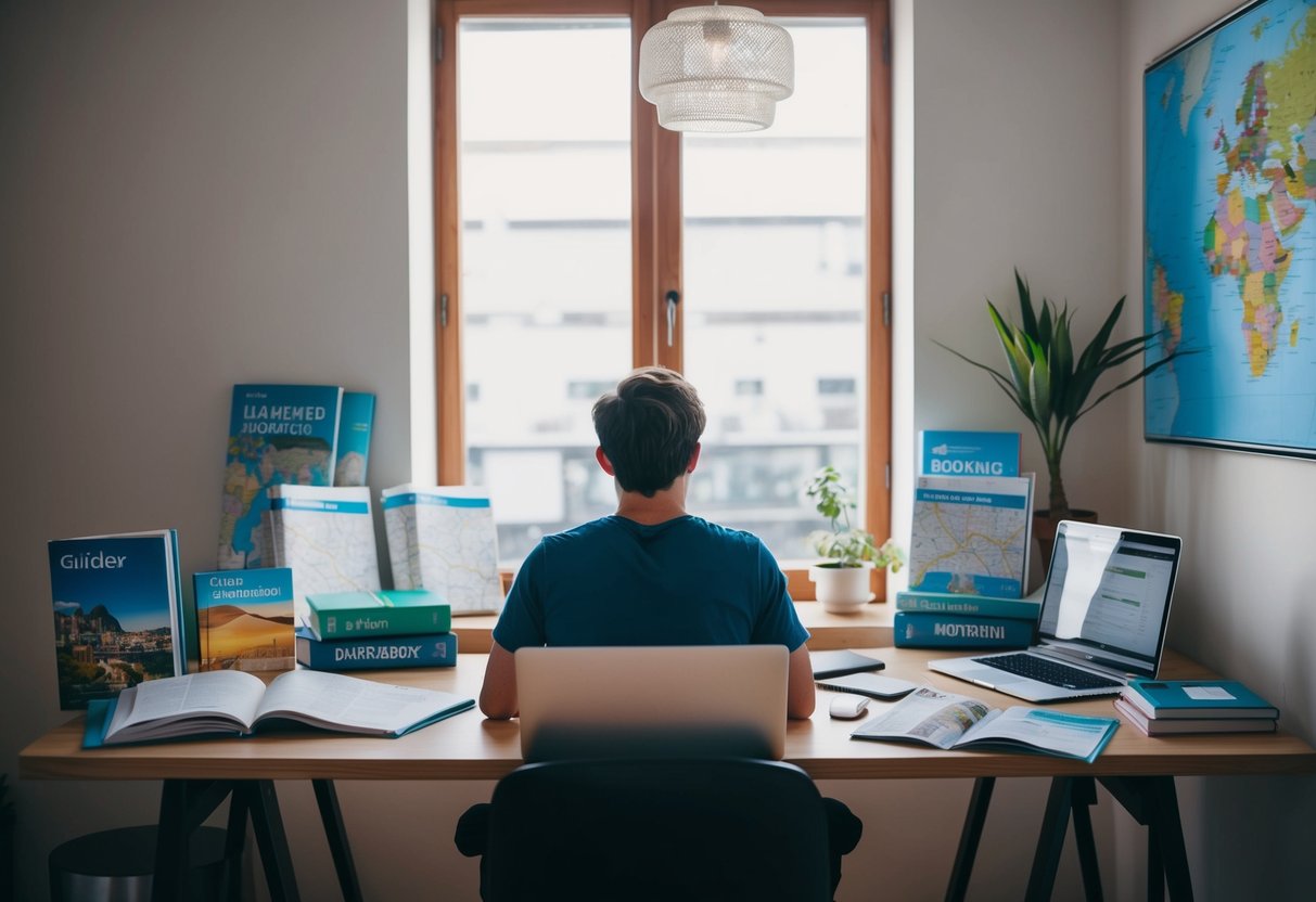 A traveler sits at a desk with a laptop, surrounded by guidebooks and maps, booking accommodation for their upcoming trip