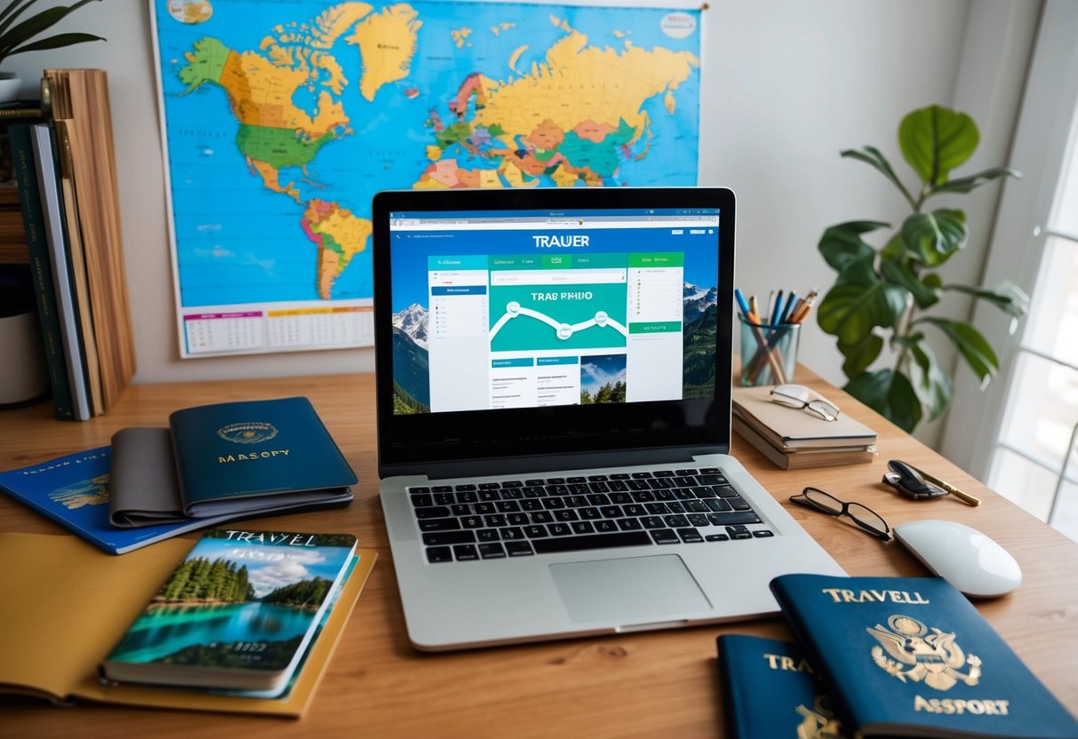 A traveler's desk with a world map, calendar, and laptop open to a travel planning website, surrounded by travel guides and a passport