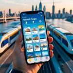 A smartphone displaying various travel apps surrounded by iconic landmarks and modes of transportation