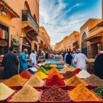 A vibrant marketplace in Marrakech, Morocco with colorful textiles, spices, and bustling activity