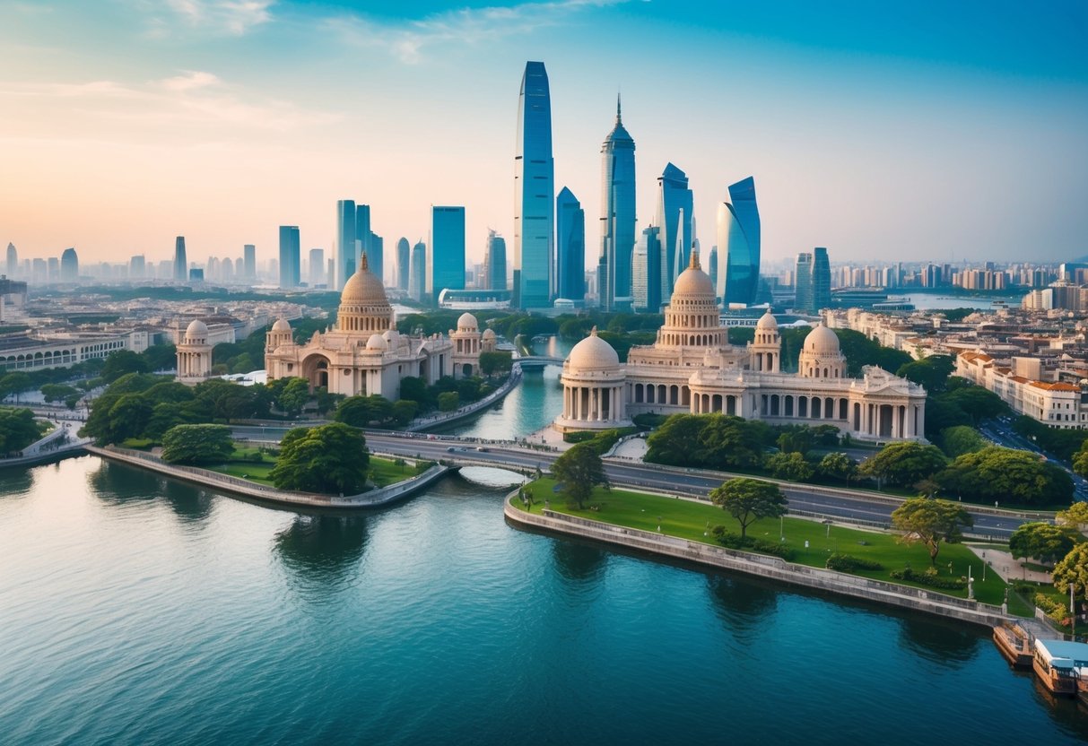 A bustling cityscape with ancient architecture and futuristic skyscrapers, surrounded by lush greenery and shimmering waterways