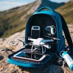 A traveler's backpack open on a rocky terrain, with a solar-powered charger, compact drone, smartwatch, and portable water purifier scattered inside