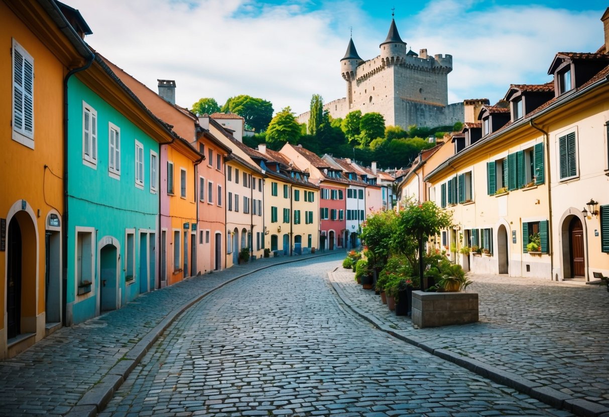 A winding cobblestone street lined with colorful, ancient buildings leads to a hidden European town square, surrounded by lush greenery and overlooked by a towering medieval castle